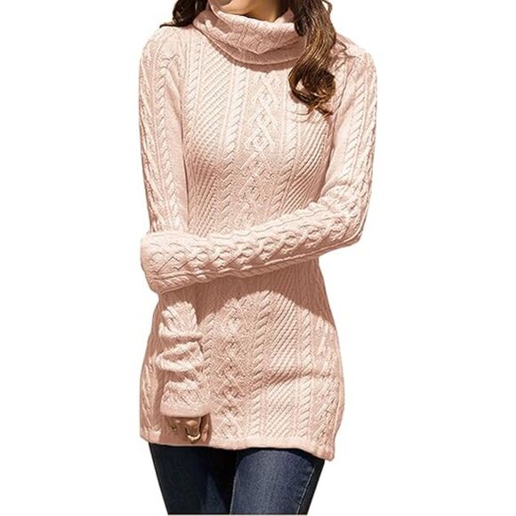 Women's Turtleneck Knit Sweater Pink Long Slim Fitted Bodycon Dress Long Sleeve - Picture 1 of 5